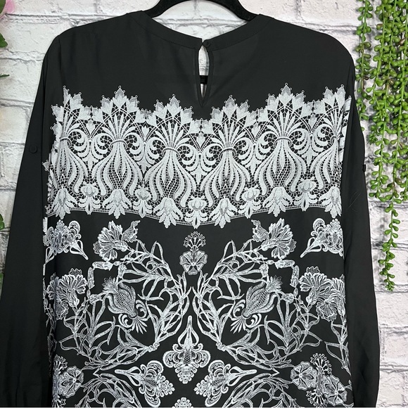 °BCBGMaxAzria Black Printed Long Sleeve Keyhole Cutout Blouse Size Large - Picture 11 of 15
